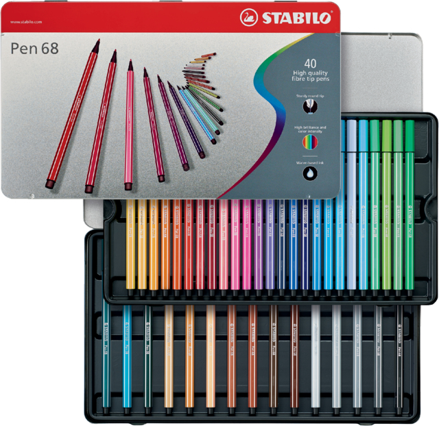 Viltstift STABILO Pen 68/40 Arty medium assorti blik à 40 stuks