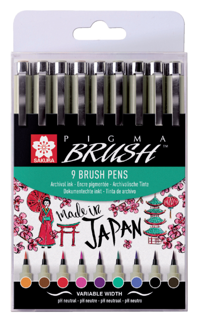 Viltift met brushpen Bruynzeel Sakura Pigma etui à 9 kleuren