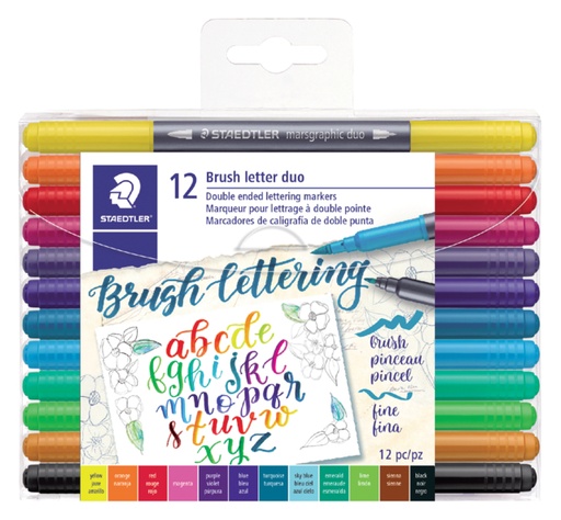 [630282] Feutre pinceau Staedtler 3004 lettering Duo 0.5-6mm assorti blister 12 pièces