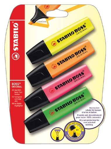 [634991] Surligneur STABILO Boss Original 70/4 assorti blister 4 pièces