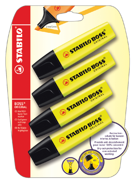 Surligneur STABILO BOSS Original 70/24 jaune blister 4 pièces