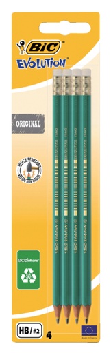 [640609] Crayon BIC Evolution ECOlutions hexagonal HB embout gomme blister 4 pièces