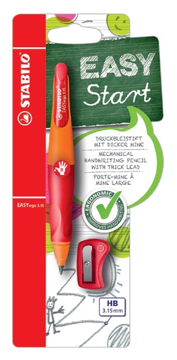 [712294] Vulpotlood STABILO Easyergo HB 3.15mm rechtshandig oranje/rood incl puntenslijper blister à 1 stuk