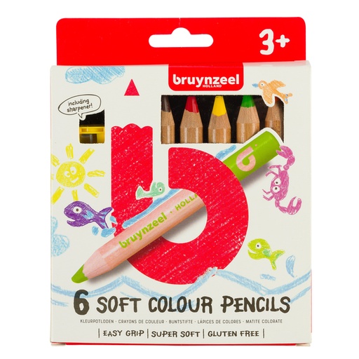 [640058] Crayon de couleur Bruynzeel Kids Soft + taille-crayon 6 couleurs