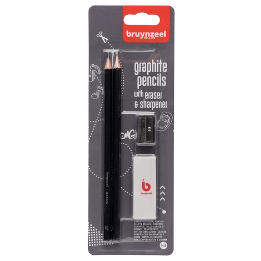 [640318] Crayon graphite Bruynzeel Teens HB avec gomme et taille-crayon blister 4 pièces