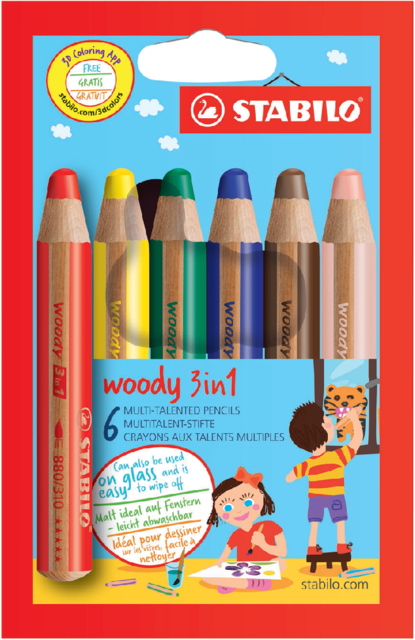 Crayons de couleur STABILO 880 Woody 3-en-1 assorti étui 6 pièces