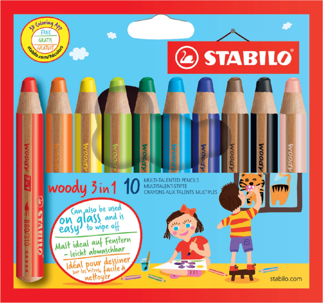 Crayons de couleur STABILO 880 Woody 3-en-1 assorti étui 10 pièces