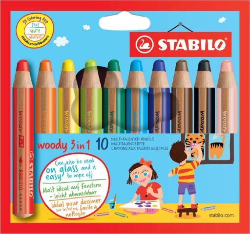 [640440] Crayons de couleur STABILO 880 Woody 3-en-1 assorti étui 10 pièces