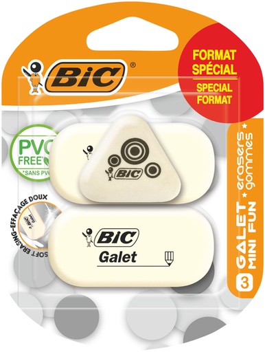 [721403] Gomme crayon BIC galet PVC tendre blanc 3 pièces