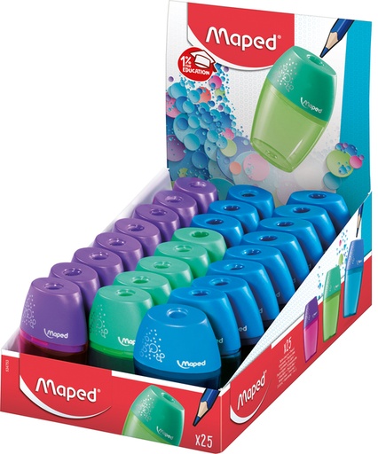[340208] Taille-crayon Maped Shaker 1 trou présentoir 25 pièces assorti