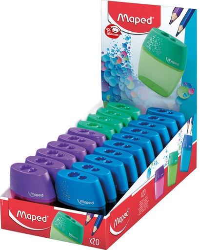 [340210] Taille-crayon Maped Shaker 2 trous présentoir 20 pièces assorti