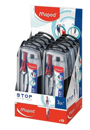 [710017] Compas Maped Stop System 3 parties présentoir 10 pièces