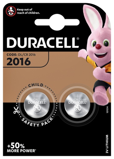 [413634] Pile bouton Duracell 2x CR2016 lithium Ø20mm 3V-90mAh