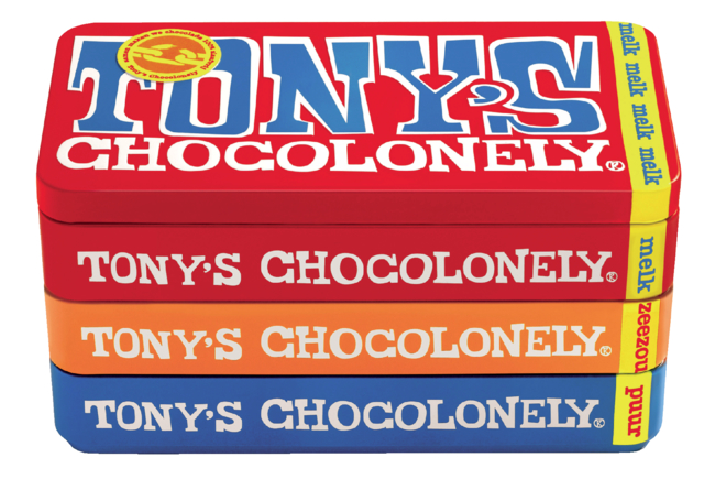Chocolade Tony''s Chocolonely reep 180gr in blik puur-melk en karamel zeezout
