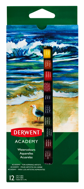 Peinture aquarelle Derwent Academy set 12 tubes de 12ml assorti