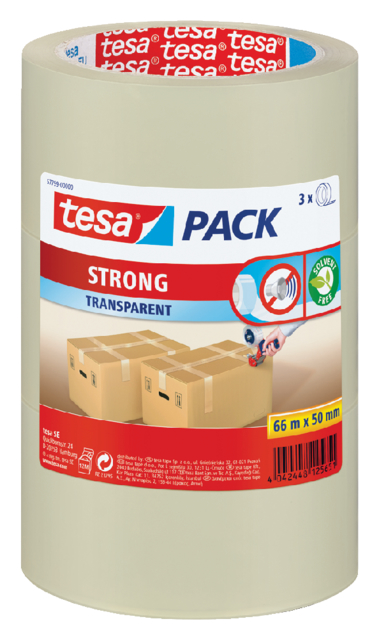 Ruban d''emballage tesapack® Strong 66mx50mm PP transparent 3 rouleaux