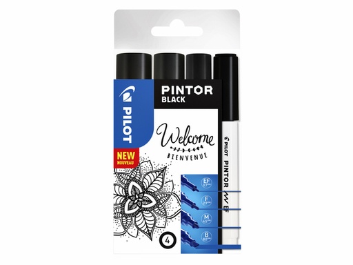 [631608] Verfstift Pilot Pintor assorti breedtes zwart etui à 4 stuks