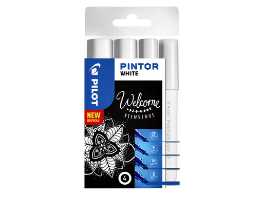 [631609] Verfstift Pilot Pintor assorti breedtes wit etui à 4 stuks