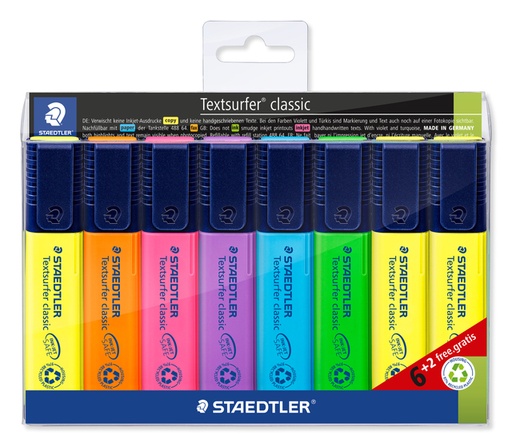 [635232] Surligneur Staedtler 364 Textsurfer set 6 pièces assorti + 2 jaune gratuits