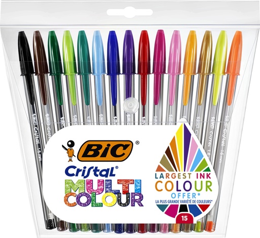 [965630] Balpen Bic Cristal large multicolour assorti 15 stuks