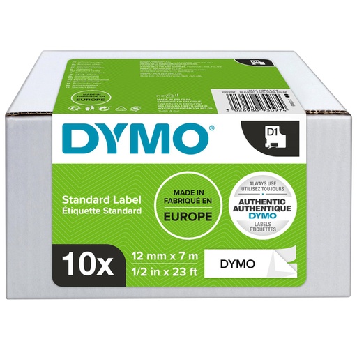 [817453] Labeltape Dymo LabelManager D1 polyester 12mm zwart op wit 10 stuks