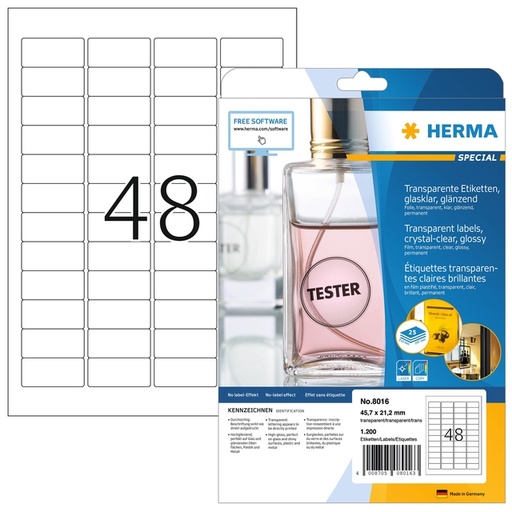 [817610] Etiquette HERMA 8016 45,7x21,2mm transparent 1200 pièces