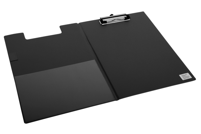 Porte-bloc à rabat Quantore A4 portrait PVC noir avec pince 100mm + boucle stylo