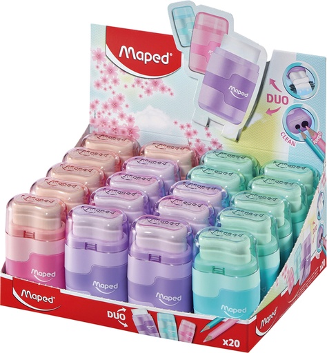 [340850] Taille-crayon Maped Connect avec gomme 2 trous présentoir 20 pièces pastel assorti