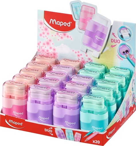 [340850] Taille-crayon Maped Connect avec gomme 2 trous présentoir 20 pièces pastel assorti