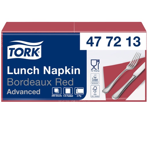 [892249] Lunchservet Tork Advanced 1/4 vouw 2-laags 328x325mm 200 vel bordeauxrood 477213