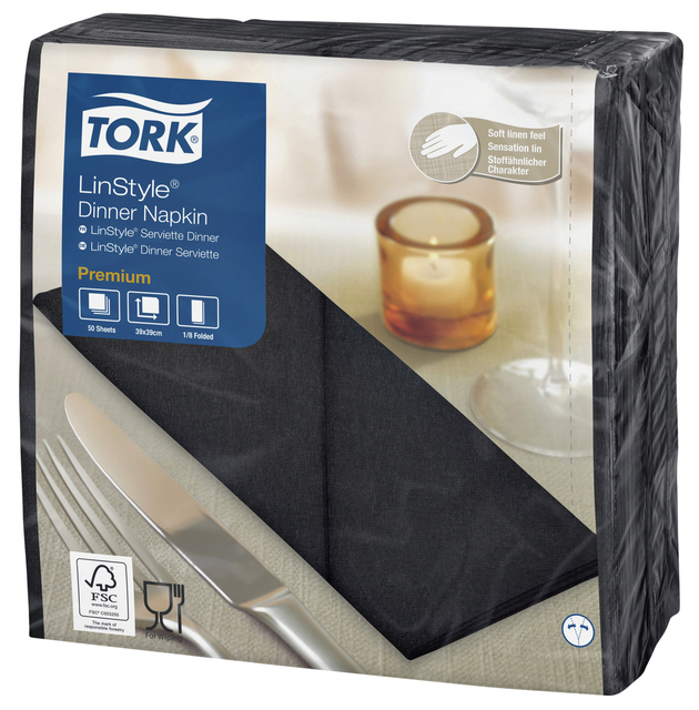 Serviette Tork Premium LinStyle Dinner 478151 Pli 1/8 noir 50 pièces