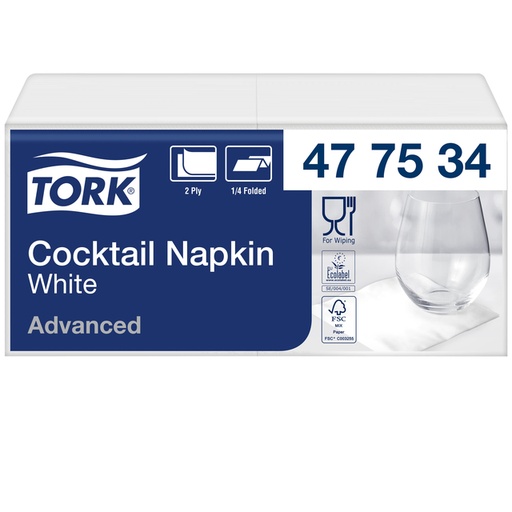 [892251] Serviette Tork Cocktail Advanced 477534 2 épaisseurs pli 1/4 238x238mm blanc 200 pièces