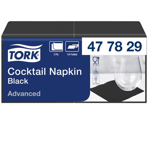 [892252] Serviette Tork Cocktail Advanced 477829 2 épaisseur pli 1/4 238x238cm noir 200 pièces