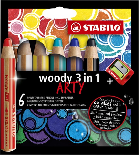 [640442] Crayon de couleur STABILO Woody 880 3-en-1 Arty + taille-crayon assorti 6 pièces