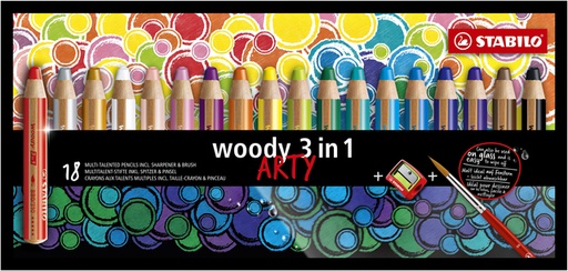 [640439] Crayon de couleur STABILO Woody 880 3-en-1 Arty + taille-crayon + pinceau assorti 18 pièces