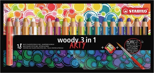 [640439] Kleurpotloden STABILO 880 woody 3 in 1 Arty + slijper+penseel ass 18st