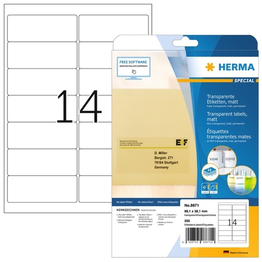 [1000121] Etiquette HERMA 8671 A4 99,1x38,1mm 350 pièces fim transparent mat