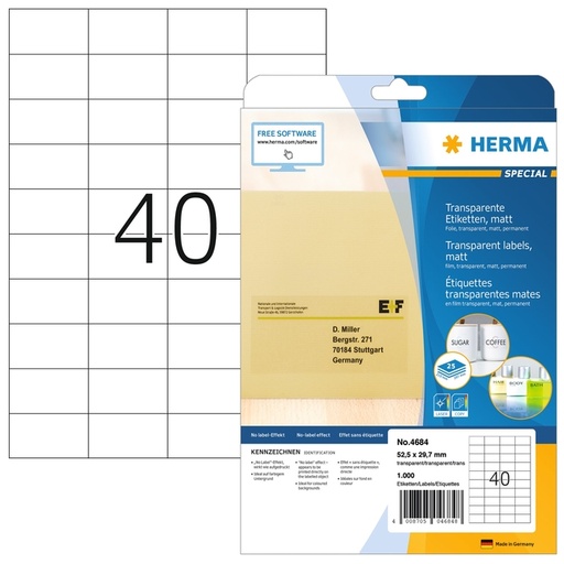 [1000122] Etiquette HERMA 4684 A4 52,5x29,7mm 1000 pièces film transparent mat