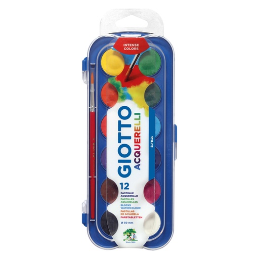 [1386278] Gouache Giotto Acquerelli 30mm boîte 12 couleurs avec pinceau