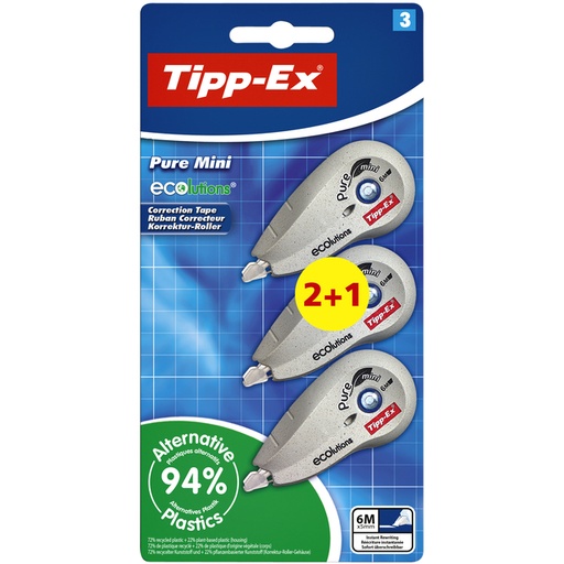 [1388089] Correctietape Tipp-Ex mini pure ecolutions 5mmx6m blister 2+1 gratis