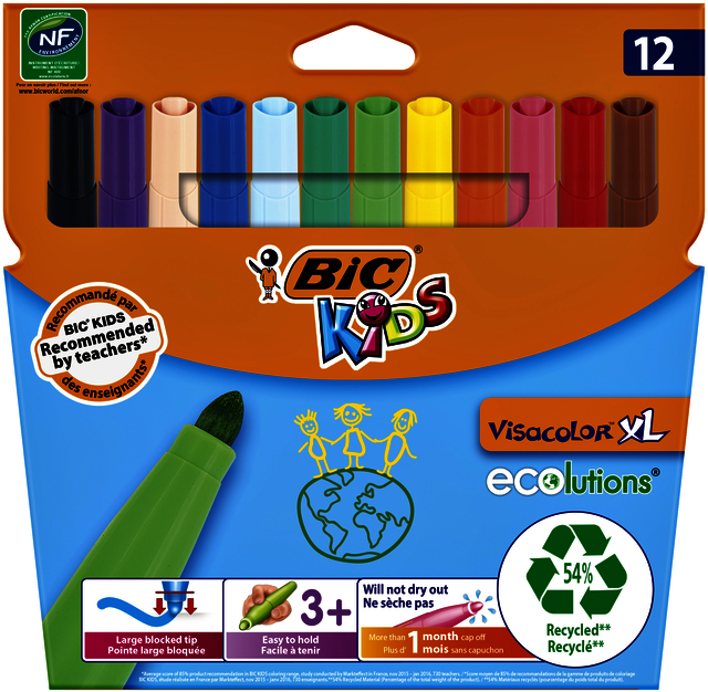 Feutre BIC Kids Visacolor ECOlutions XL assorti étui 12 pièces