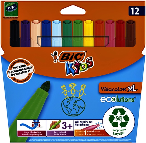 [630077] Feutre BIC Kids Visacolor ECOlutions XL assorti étui 12 pièces