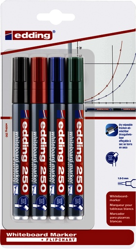 [1388247] Viltstift edding 250 whiteboard rond 1.5-3mm assorti blister à 4 stuks