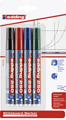 [1388247] Whiteboardmarker edding 250 rond 1.5-3mm assorti blister à 4 stuks