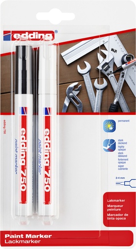 [1388254] Viltstift edding 750 lakmarker rond 2-4mm wit en zwart blister à 2 stuks