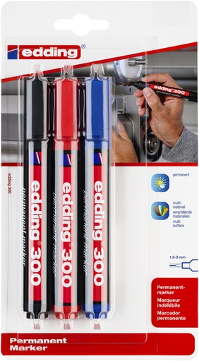[1388262] Marqueur permanent edding 300 ogive 1,5-3mm blister 3 couleurs