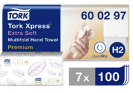 [1388425] Essuie-mains Tork H2 Xpress Premium Multifold 600297 2 épaisseurs 212x340mm blanc 7x 100 pièces