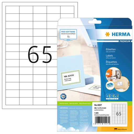 [1388579] Etiquette HERMA 5027 Premium A4 38,1x21,2mm blanc 1625 pièces