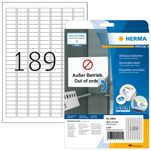 [1388574] Etiket HERMA 10001 A4 25.4x10mm verwijderbaar wit 4725 etiketten