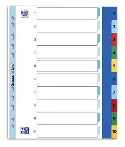 [1388470] Intercalaire Oxford A4+ 11 perforations 1-10 PP couleur